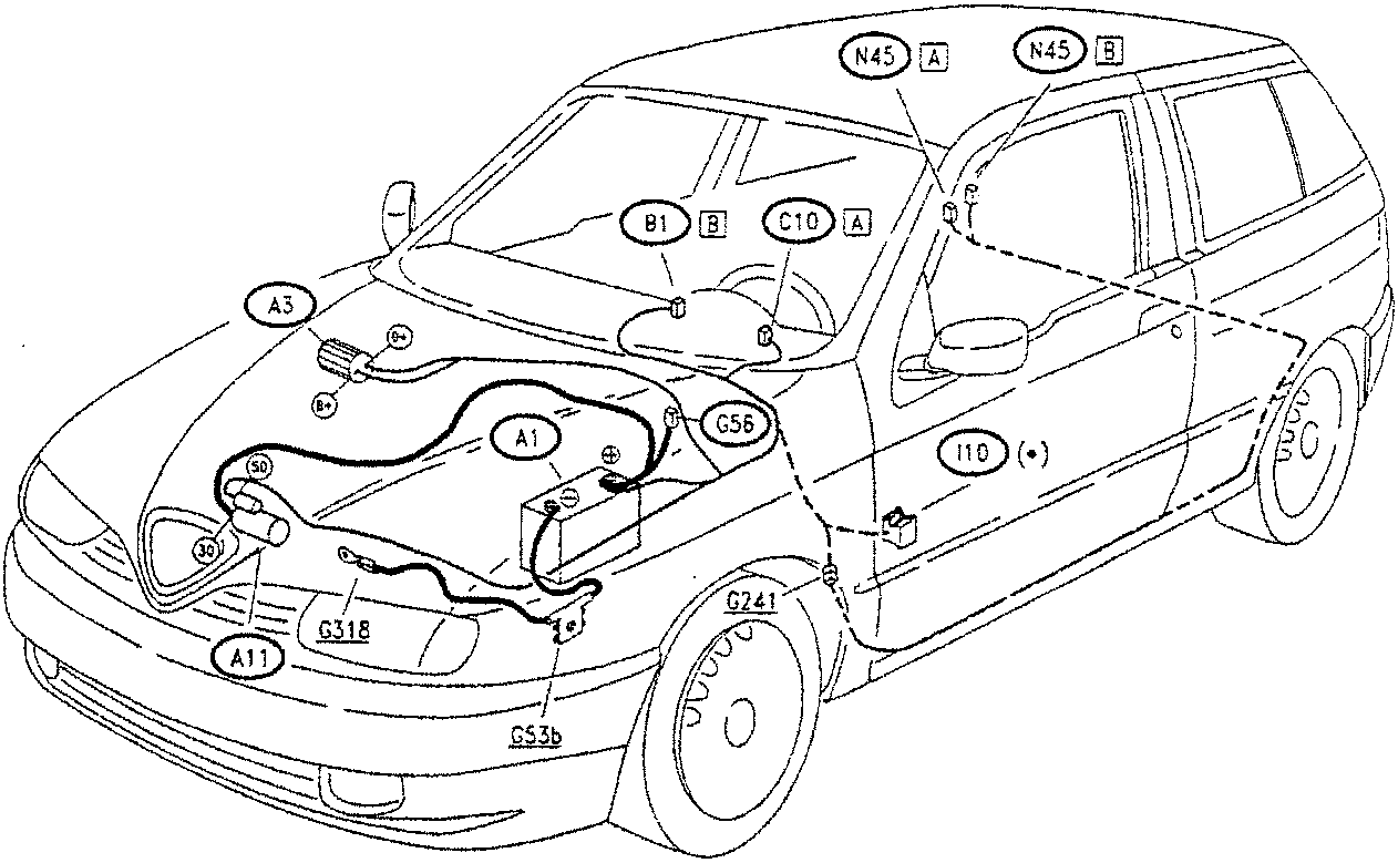 Line drawing of a car with various components labeled, including N45, B1, C10, A3, G56, G318, A11, G53b, and I10.