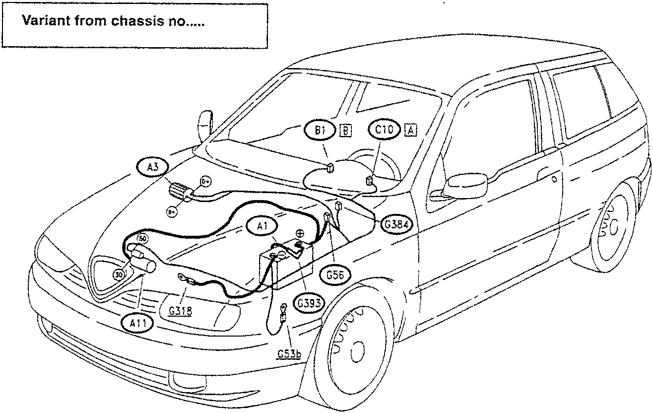 Line drawing of a car with various components labeled, including N45, B1, C10, A3, G56, G318, A11, G53b, G384, and G393.