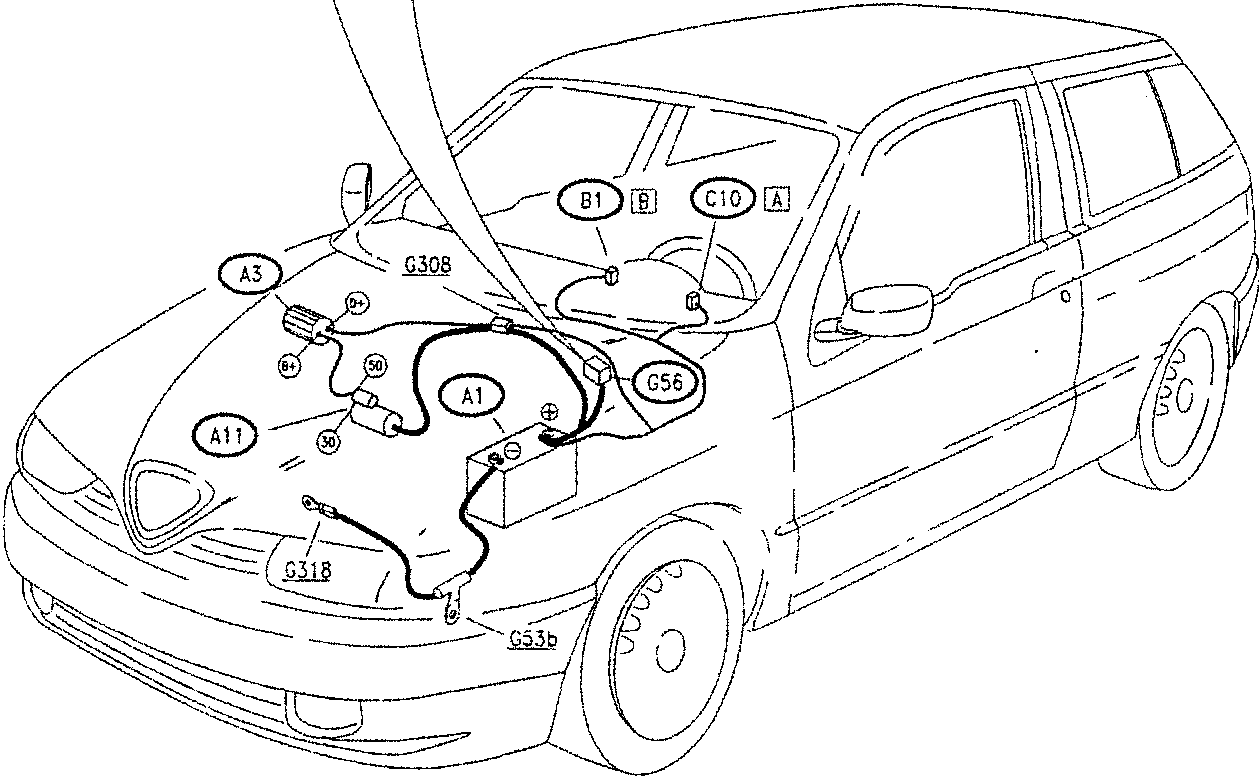 Side view of car with hood open, showing locations of electrical components such as A1, A3, A11, G308, G318, G53b, B1, C10, and G56.