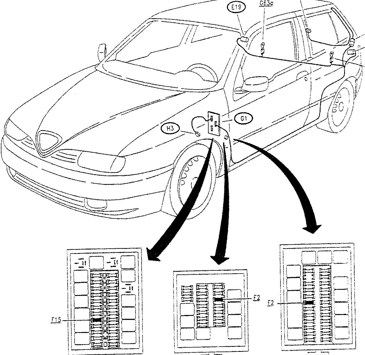 Diagram of car showing component locations with arrows pointing to fuse boxes A, B, and C.