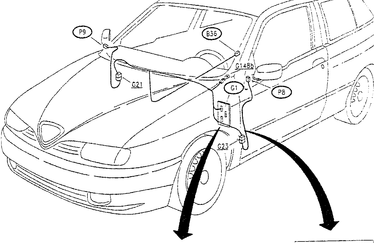 Car diagram showing wing mirror adjustment components with labels P8, P9, G1, G21, G23, B36, G148b
