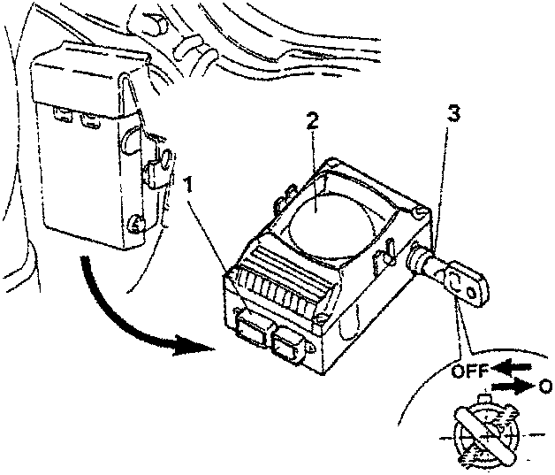 Control unit diagram showing electronic control unit, siren, and emergency key with ON/OFF switch