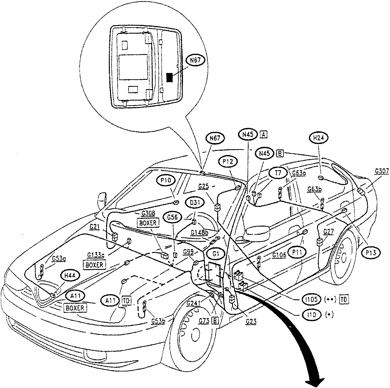 Diagram showing location of anti-theft device components on a car, with various labeled parts such as N67, G308, BOXER, G148b, etc.
