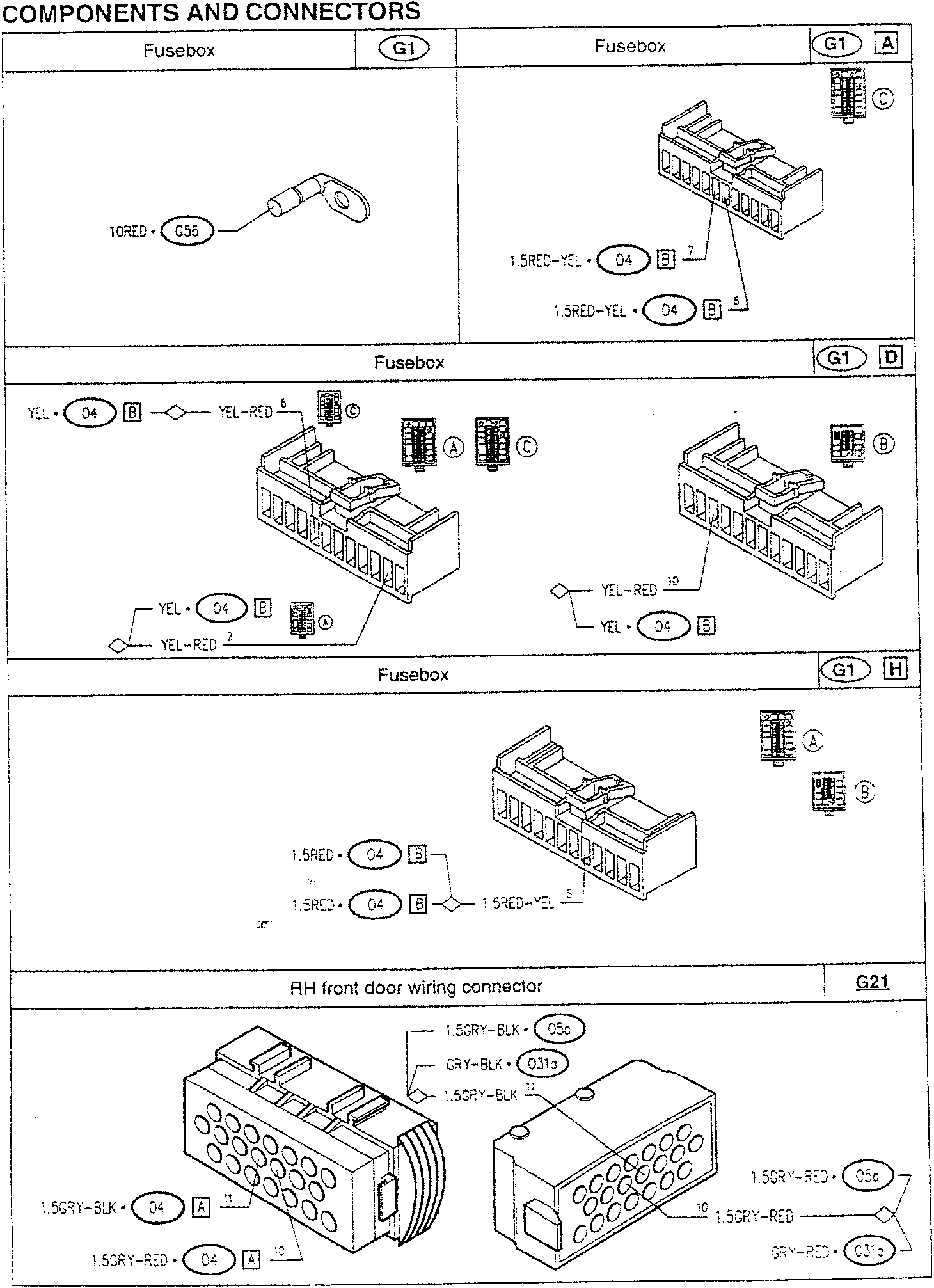Fusebox and wiring connector pinout diagram for automotive electrical system