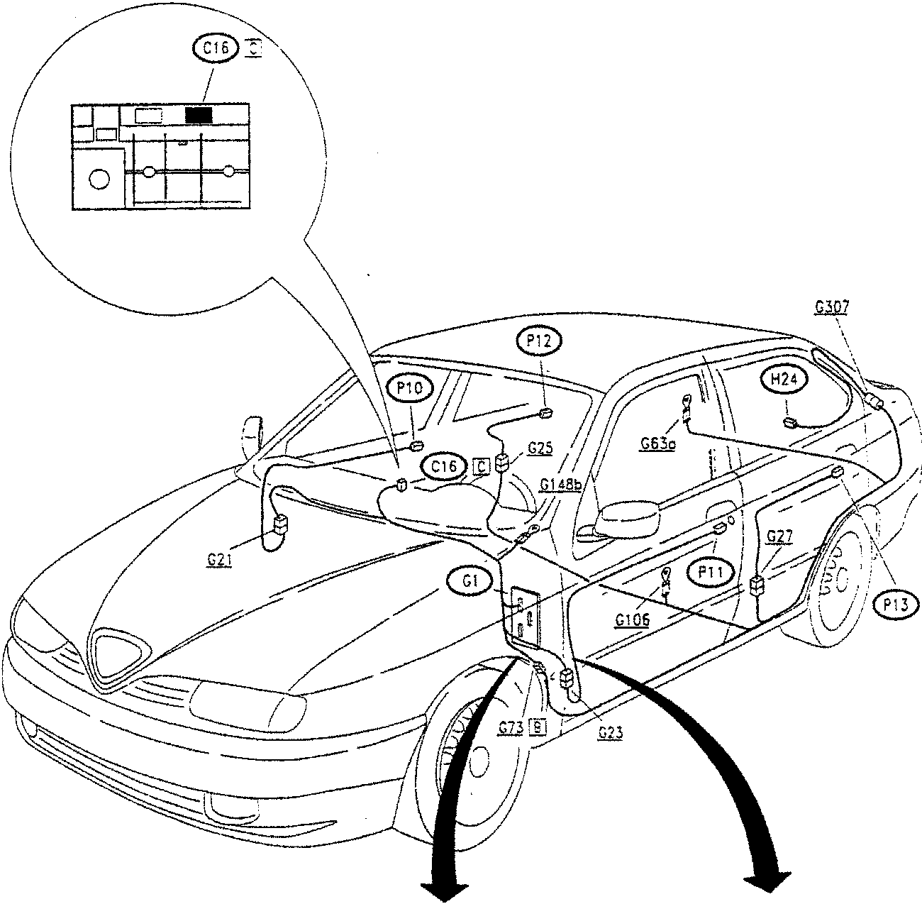 Diagram showing car with labeled components and a close-up of the check panel