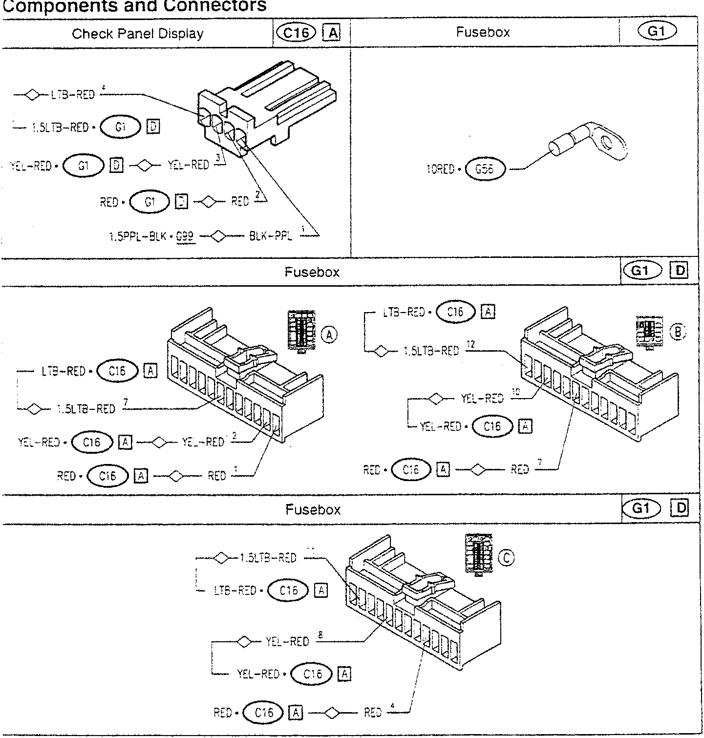 Fusebox diagram with wire connections labeled: 10RED • G55, LTB-RED • C16 A, 1.5LTB-RED 12, YEL-RED • C16 A, RED • C16 A, RED 7