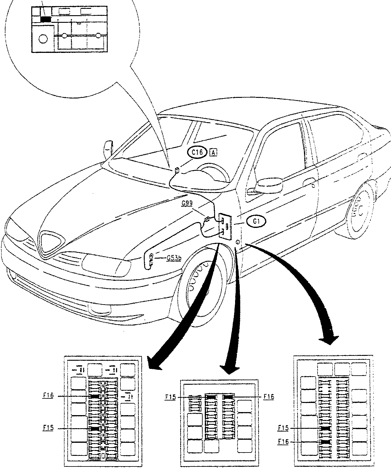 Diagram showing the location of C16 A on the check panel, with a close-up view of the component layout.