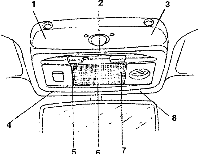 Diagram of interior lighting components including sensors, switches, and lights