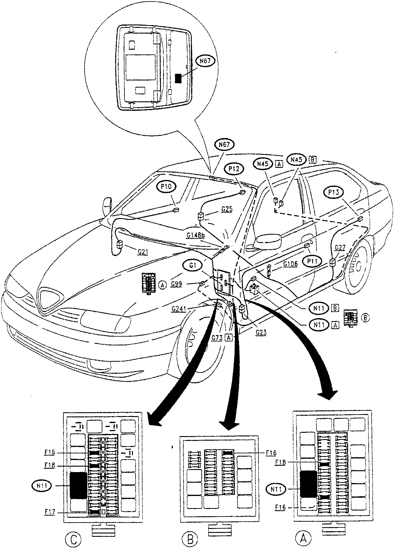Diagram showing location of components on a car, including door locks, switches, and connectors.