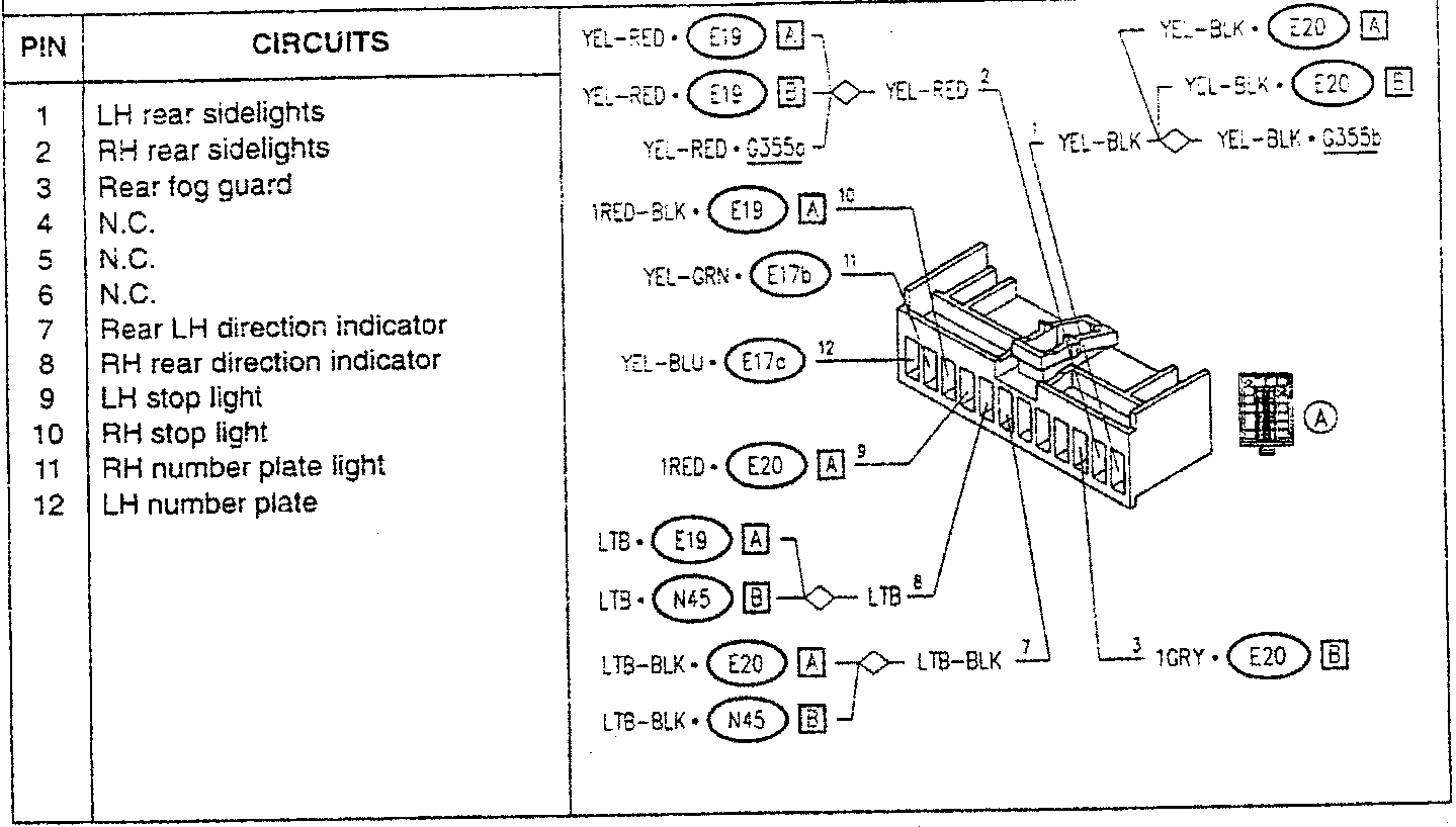 Connector C wiring diagram with pin assignments and wire colors for F1 circuits