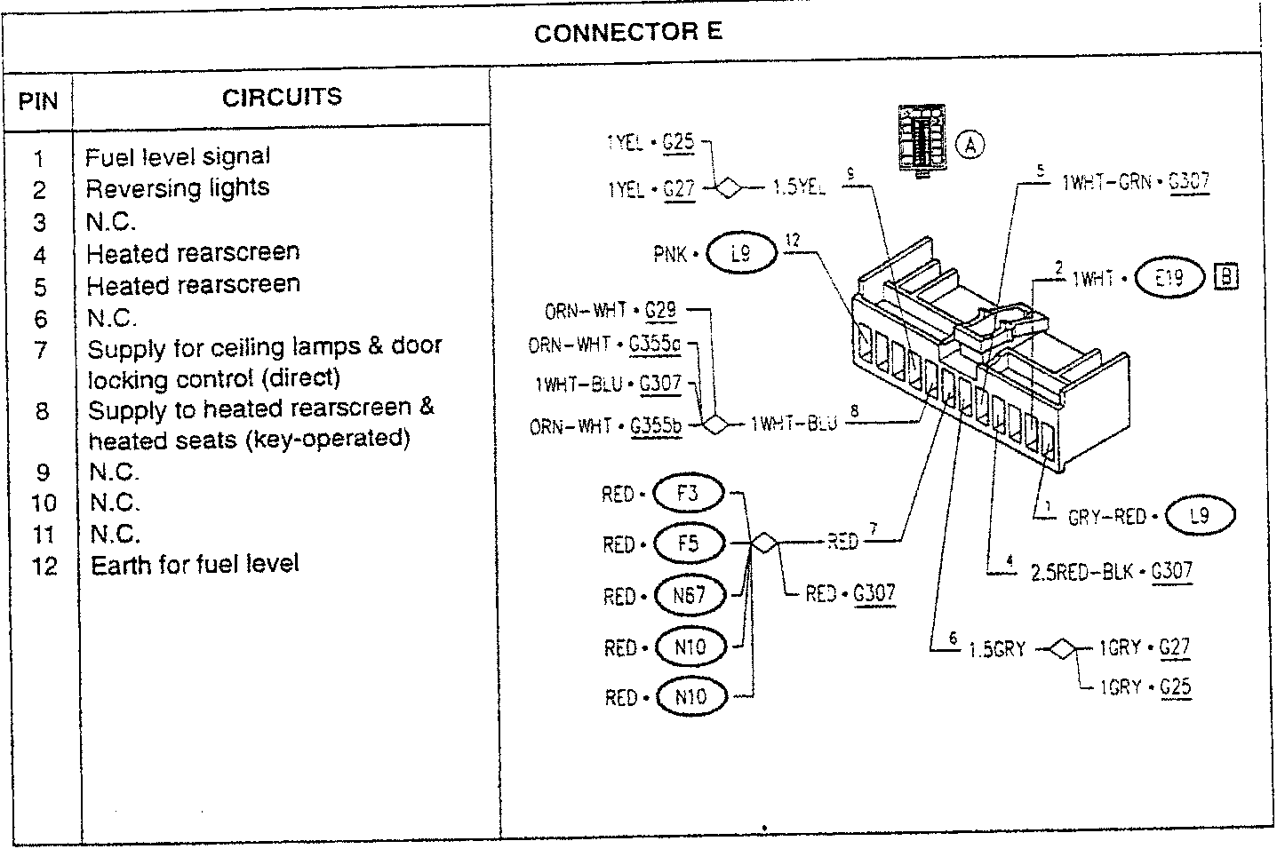 Connector E wiring diagram with pin assignments and wire colors