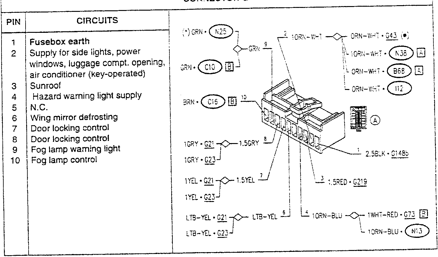 Connector G wiring diagram with pin assignments and wire colors