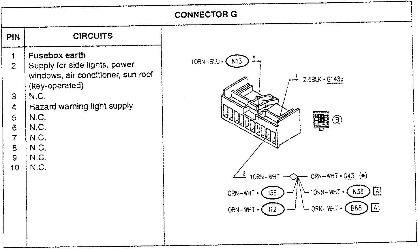 Connector G wiring diagram with pin assignments and wire colors