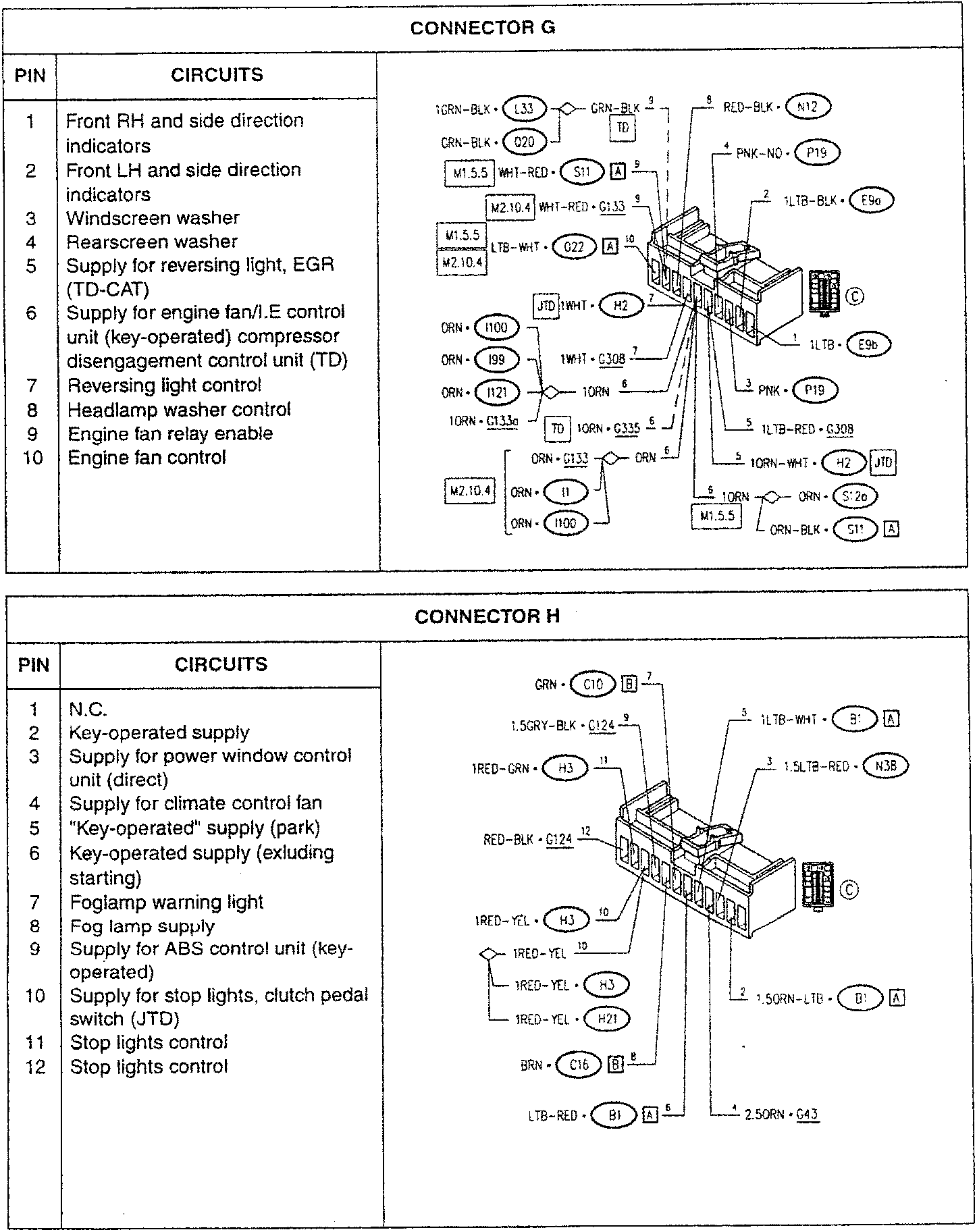 Connector G wiring diagram showing pin connections and circuit paths