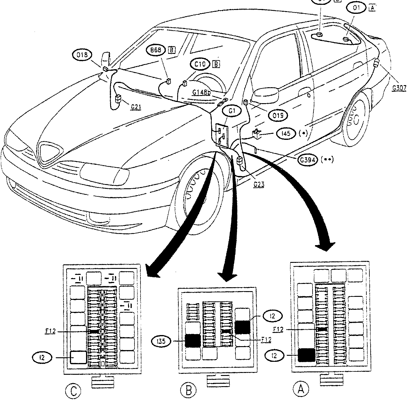 Diagram showing car with labeled components for heated rearscreen and wing mirror systems, with arrows pointing to fuse boxes A, B, and C.
