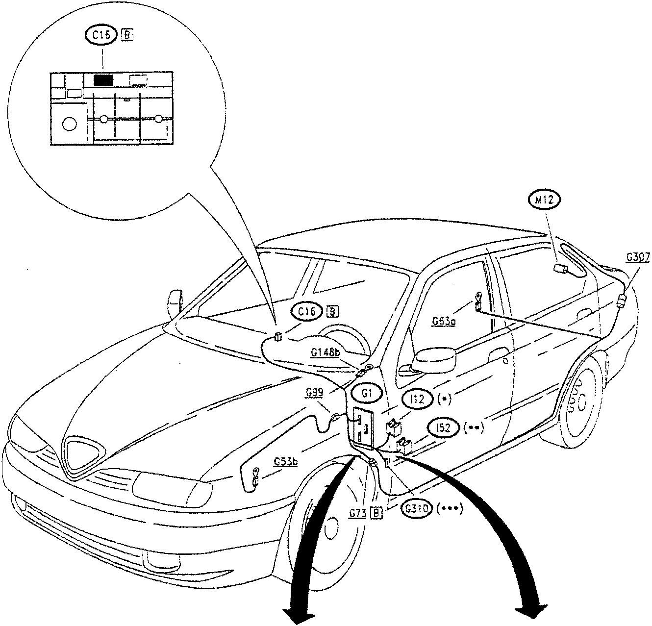 Diagram showing components of the luggage compartment opening control system on a car, with callouts to various parts including C16, G148b, G99, G1, I12, I52, G73, G310, M12, and G307. Two arrows point down from the car to detailed views of fuse  and F2.