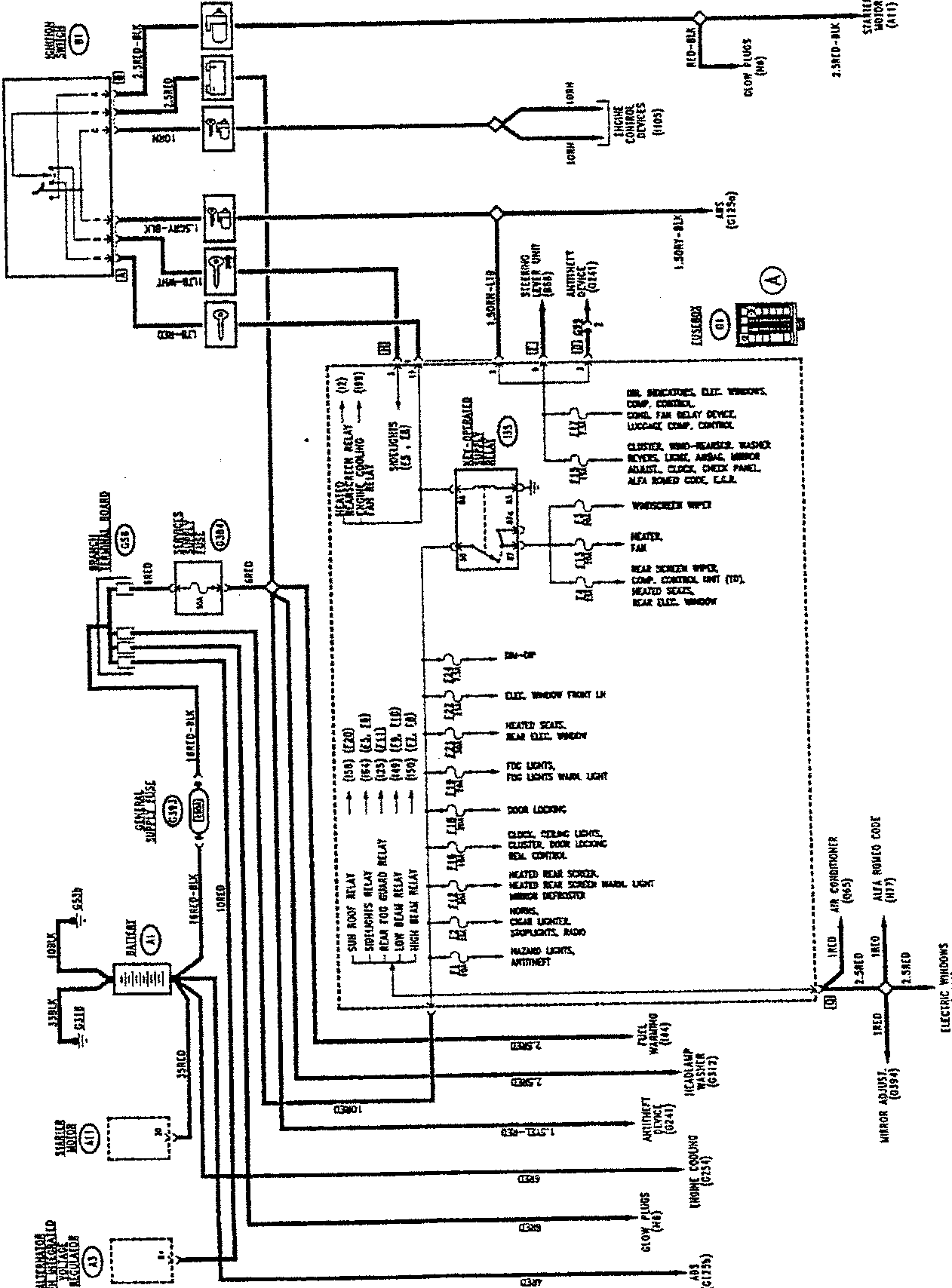 Wiring diagram for electric system power supply, TD version, showing alternator, fuse box, relays, and connections to various electrical components including engine controls, glow plugs, windshield wipers, heated seats, door locking, and air conditioning.