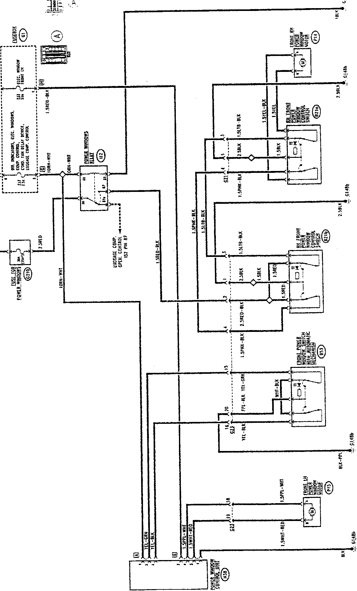 Front power windows wiring diagram showing fuse box, relay, switches, and motor connections with wire color codes.