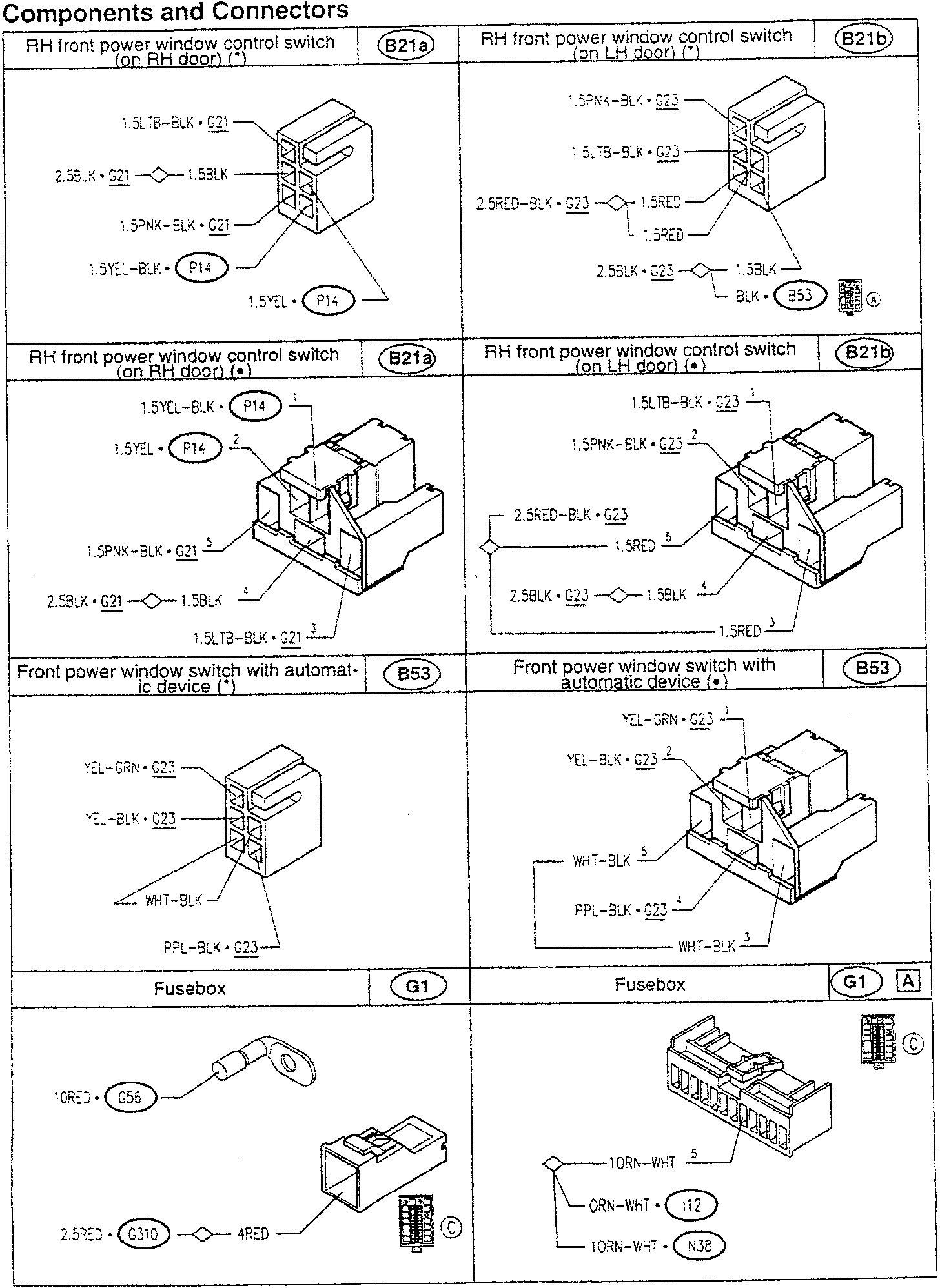 RH front power window control switch (on RH door) (*) – B21a; RH front power window control switch (on LH door) (*) – B21b