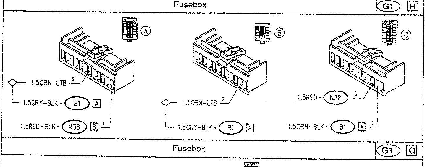 Fusebox diagram showing three fuse positions labeled A, B, C with wire color codes: 1.5ORN-LTB, 1.5CRY-BLK, 1.5RED-BLK for position A; 1.5ORN-LTB, 1.5CRY-BLK for position B; 1.5RED, 1.5ORN-BLK for position C.