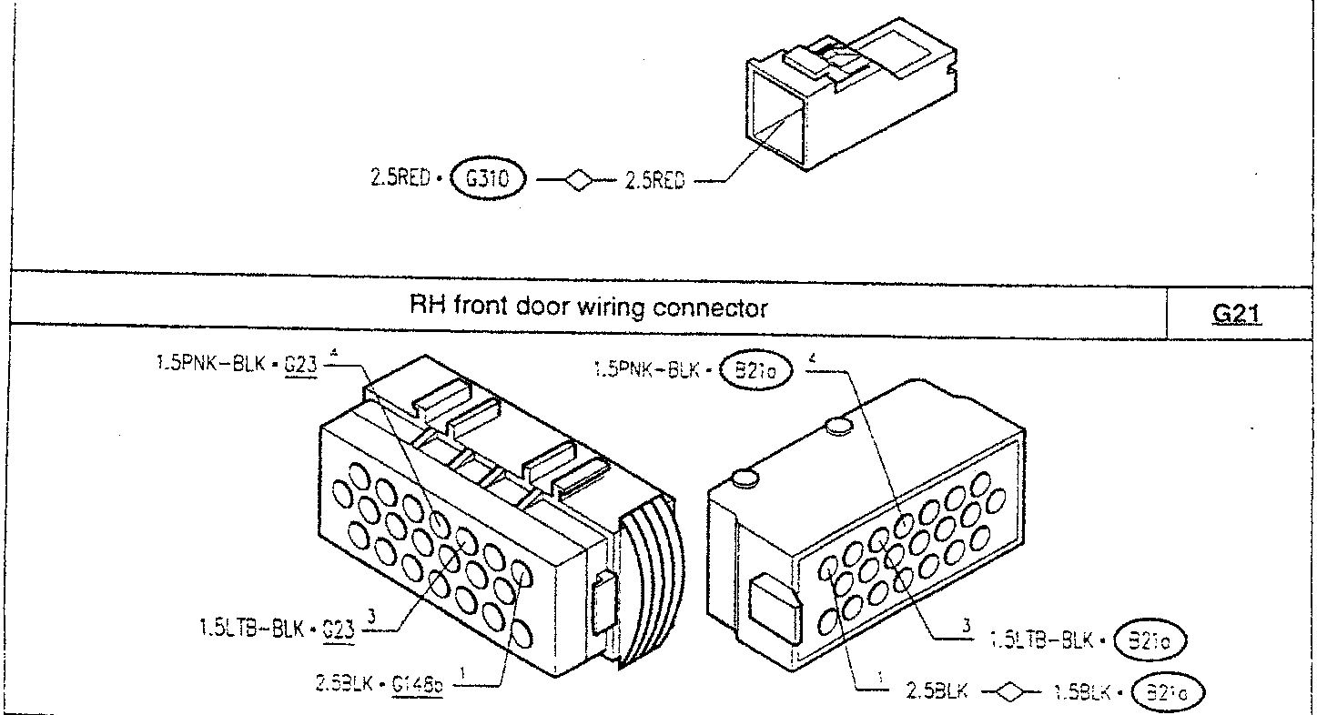 Fusebox diagram showing fuse G310 connected to 2.5RED wire and RH front door wiring connector G21 with wire color codes: 1.5PNK-BLK, 1.5LTB-BLK, 2.5BLK for one side; 1.5PNK-BLK, 1.5LTB-9LK, 2.5BLK, 1.5BLK for the other side.