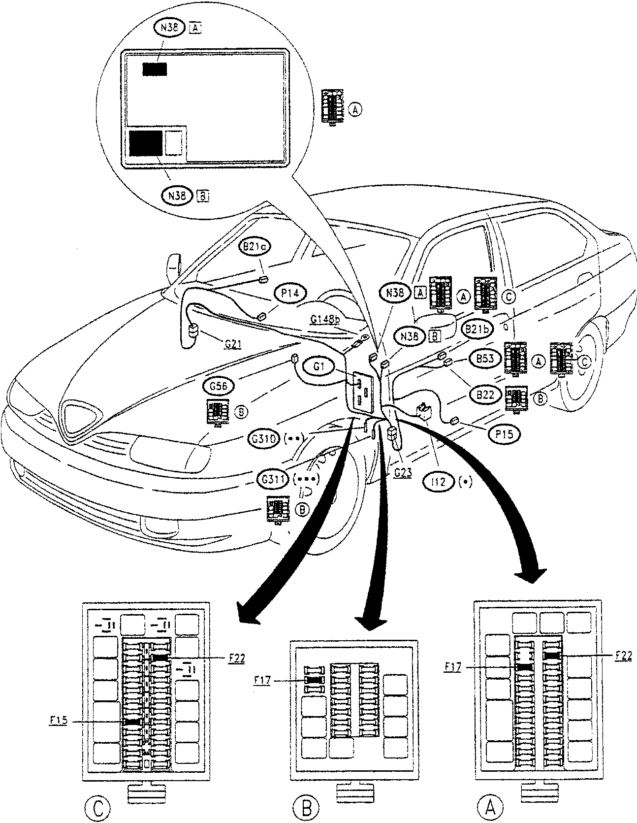 Diagram showing location of components for power windows, including fuse boxes and connectors on a car.