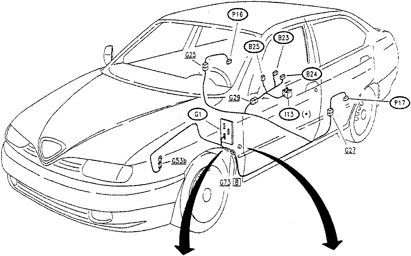 Schematic diagram of a car showing locations of power window components with labels such as P16, B25, G29, G73, etc.