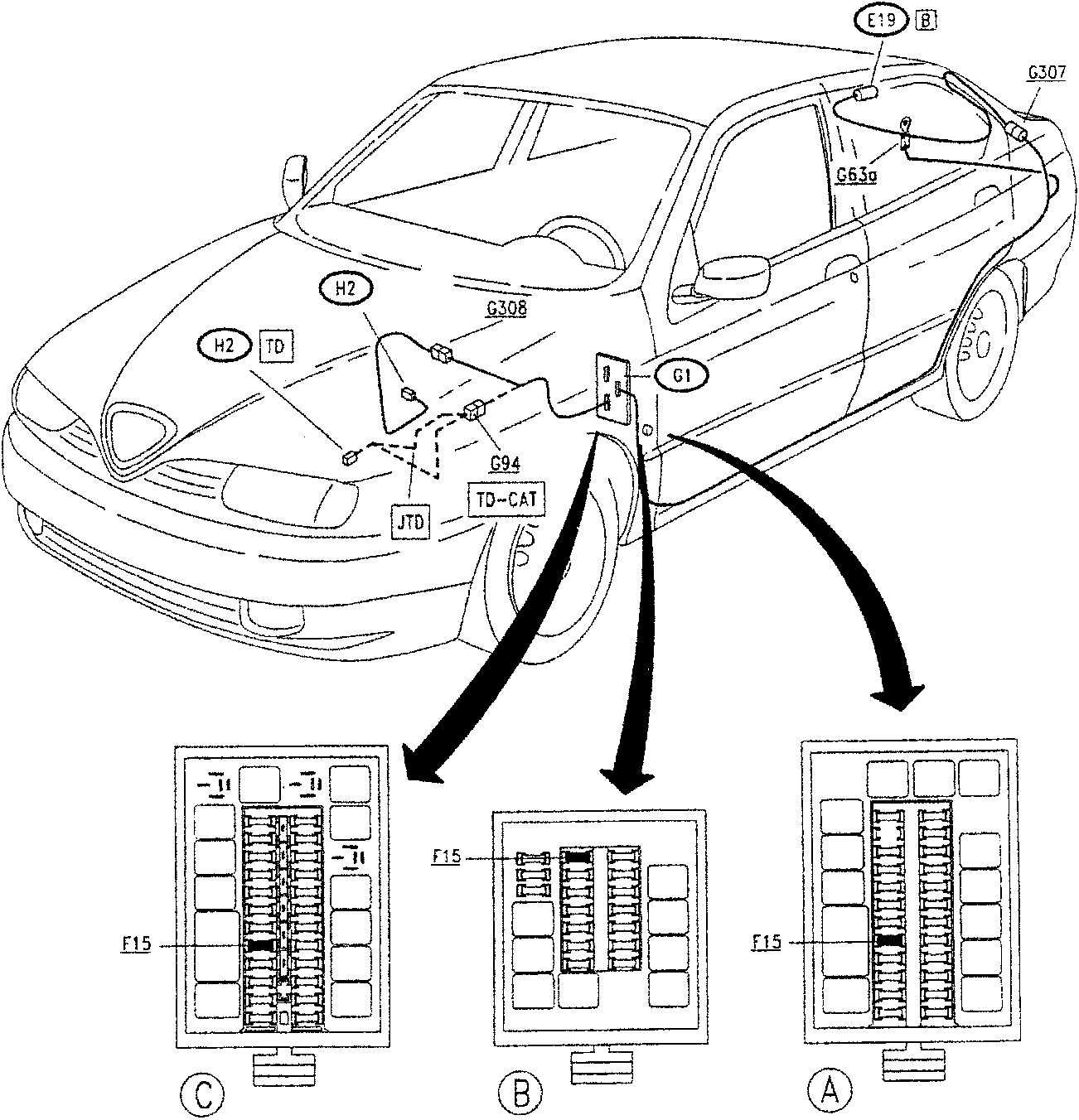 Diagram of car showing reversing light components and fuse box layouts