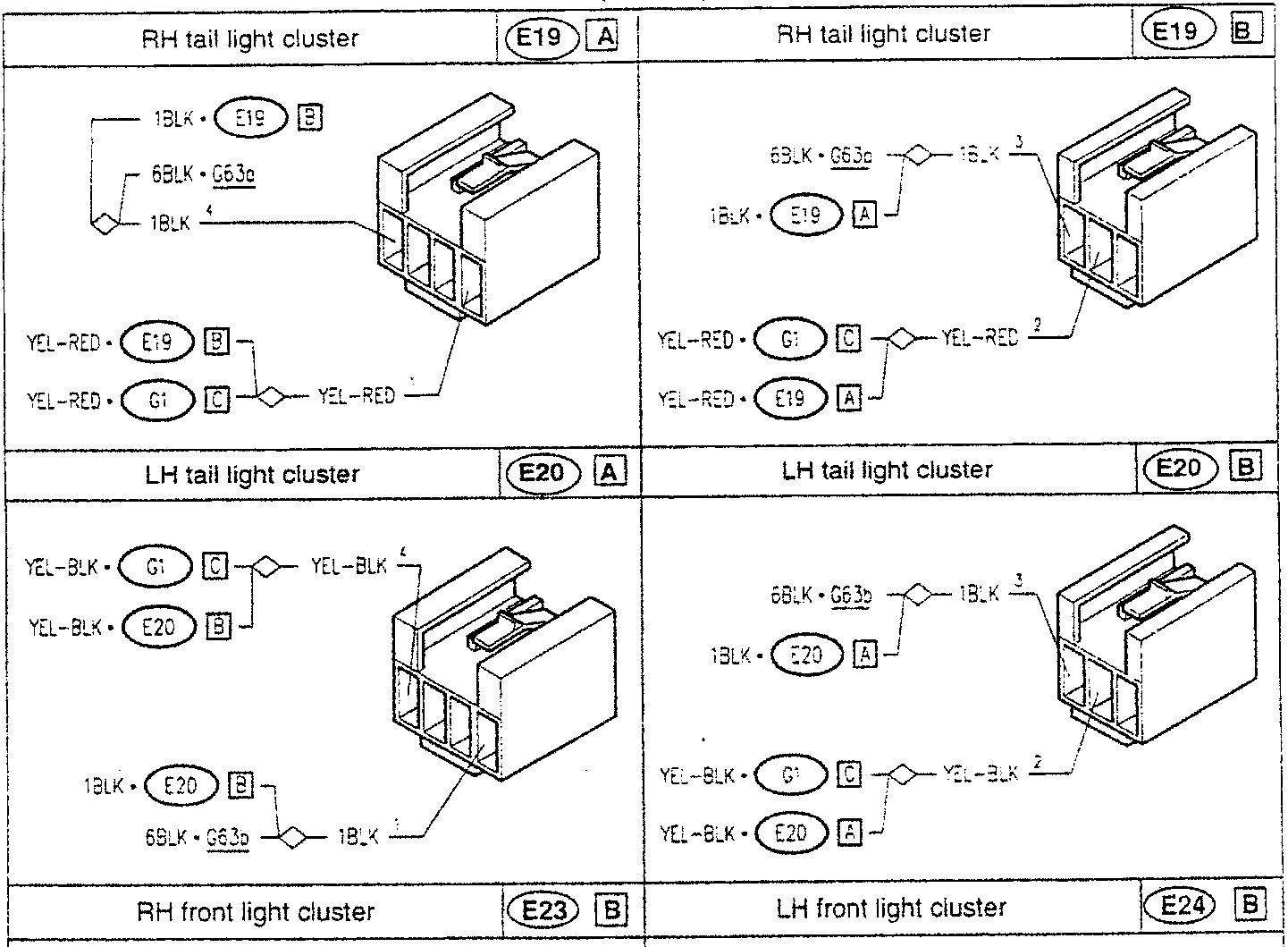 RH tail light cluster diagram with wire connections labeled E19, G1, YEL-RED, 1BLK, 6BLK-G63c, and 1BLK-4.