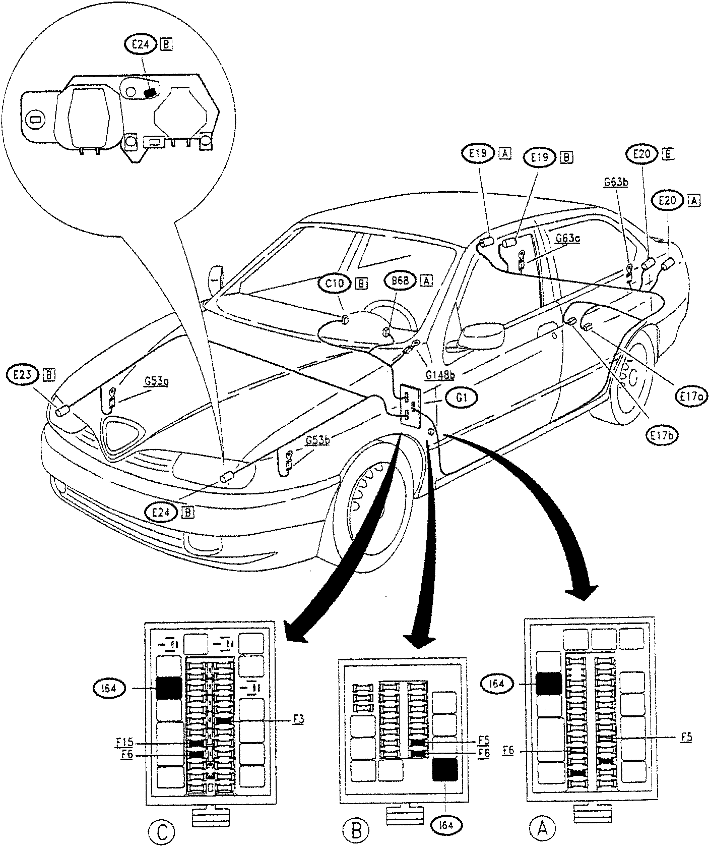 Diagram showing side light components and fuse box locations on a car.