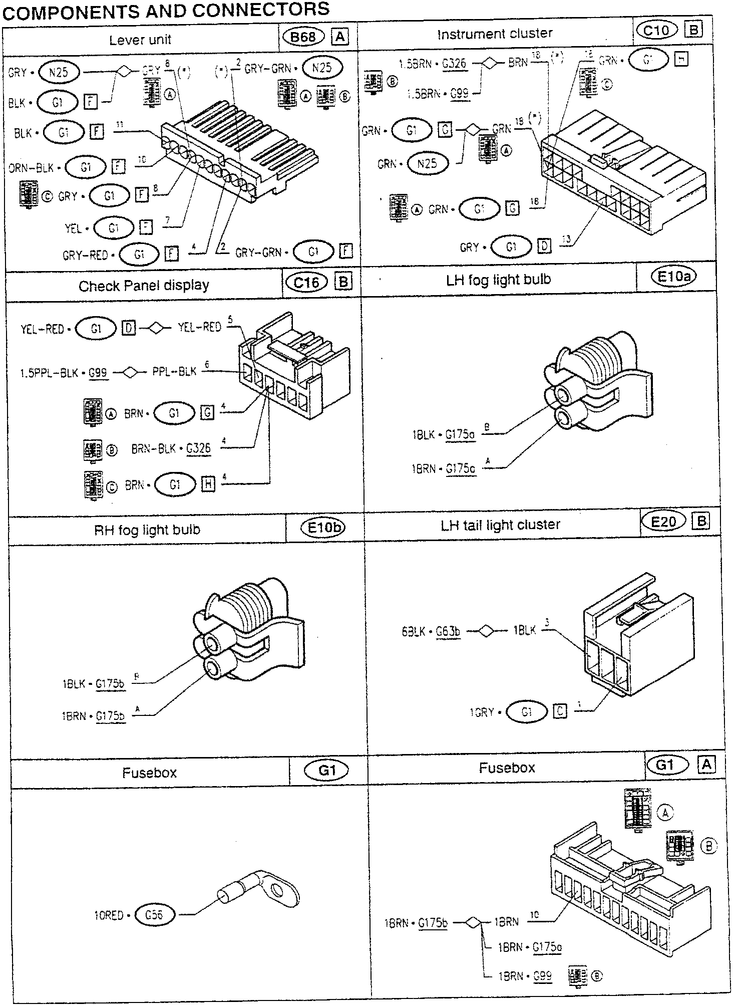 Wiring diagram for vehicle electrical components and connectors
