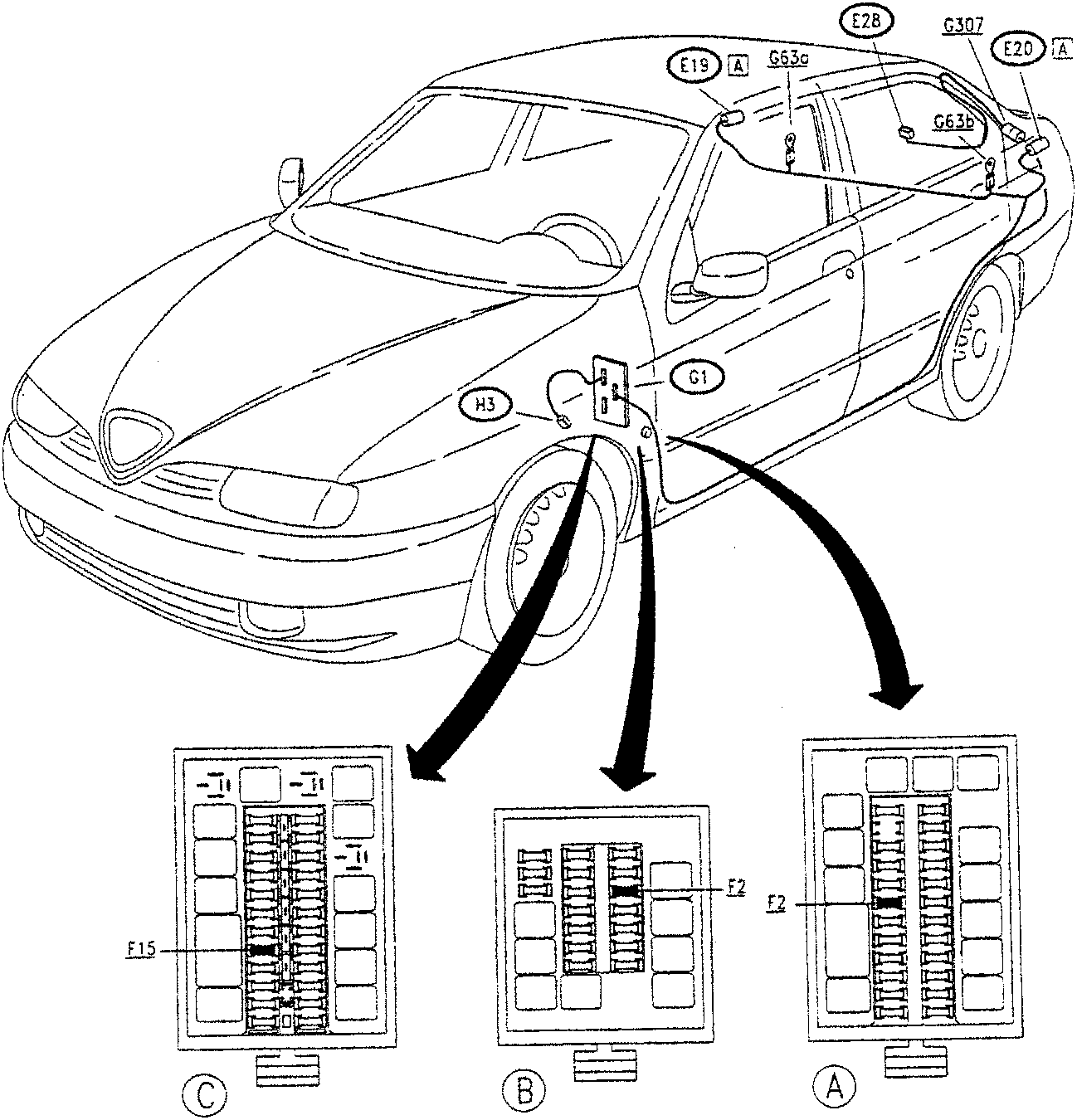 Diagram of car showing stop light components and fuse boxes