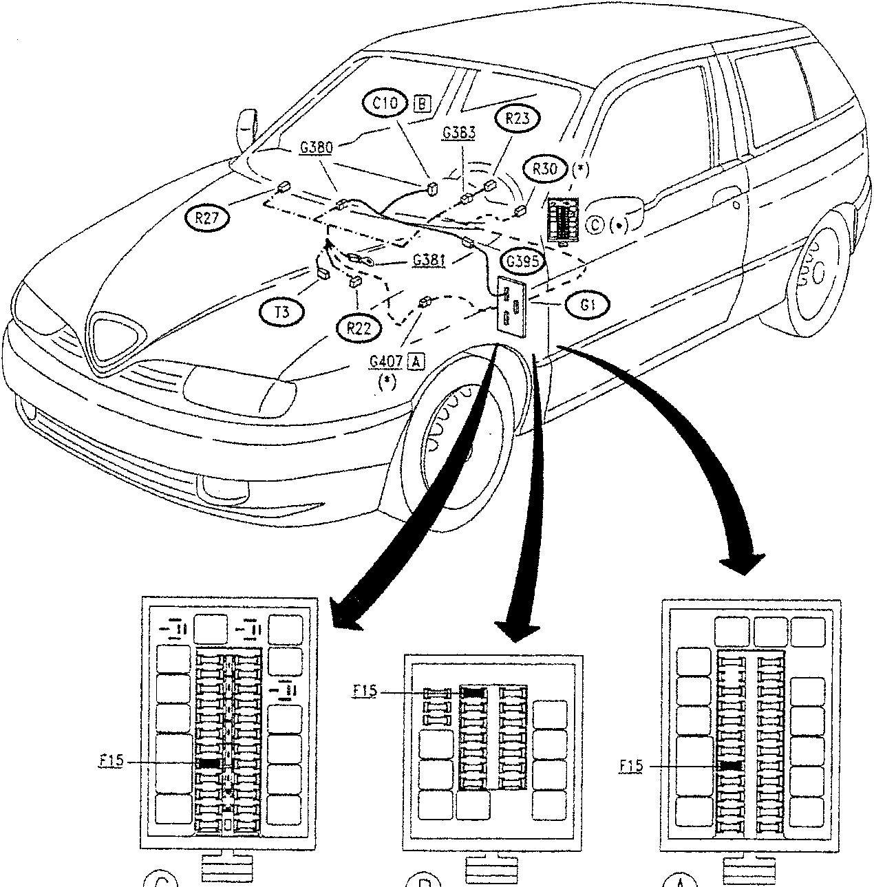 Diagram of car showing component locations with labels such as C10, R23, G380, etc., and arrows pointing to fuse  at positions A, B, and C.