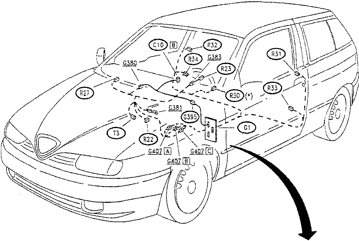 Diagram of car showing component locations with labels such as C10, R32, G380, etc.