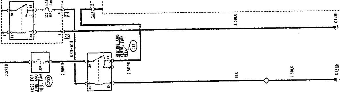 Wiring diagram section showing heating and ventilation fan relay, fuse box connections, and associated wiring for the heating and ventilation system.