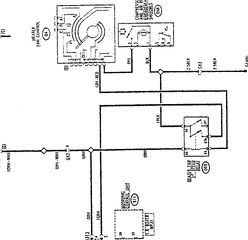 Compressor connection wiring diagram for Boxer version 1.6-MOTRONIC MP3.1, showing heater fan control, compressor and air circulation switch, fusebox, and relay connections with color-coded wires.