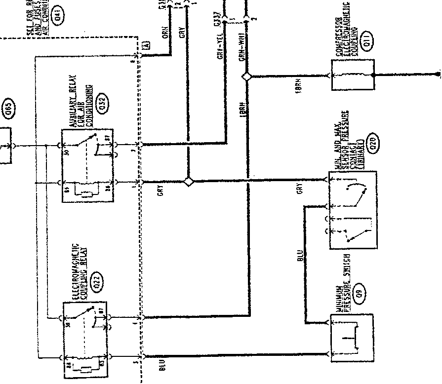 Compressor connection wiring diagram for Boxer version 1.6-MOTRONIC MP3.1, showing fuse for air conditioning system, manual air conditioning control relay, electromagnetic coupling relay, minimum pressure switch, and compressor electromagnetic coupling with color-coded wires.