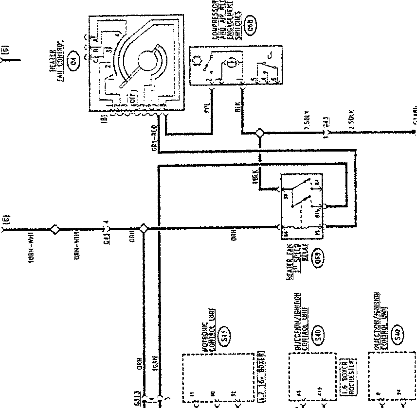 Wiring diagram for air conditioner system, showing components like heater fan control, compressor, and various relays and switches.