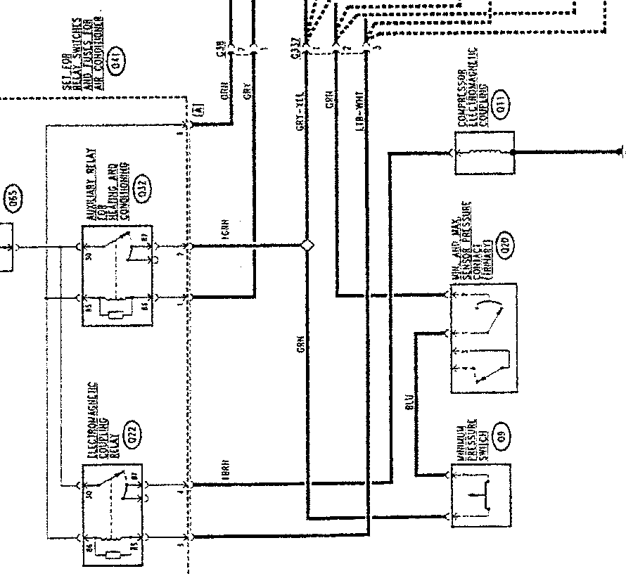 Wiring diagram for auxiliary relay, electromagnetic relay, and compressor components in the air conditioning system.