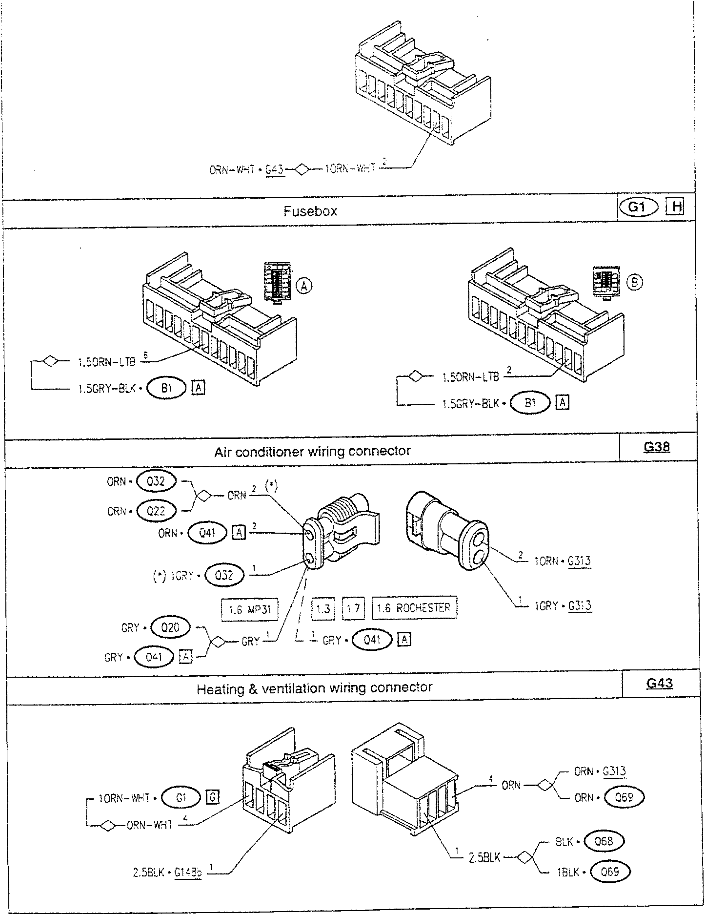 Fusebox diagram with wire connections labeled ORN-WHT • G43 and 1ORN-WHT 2