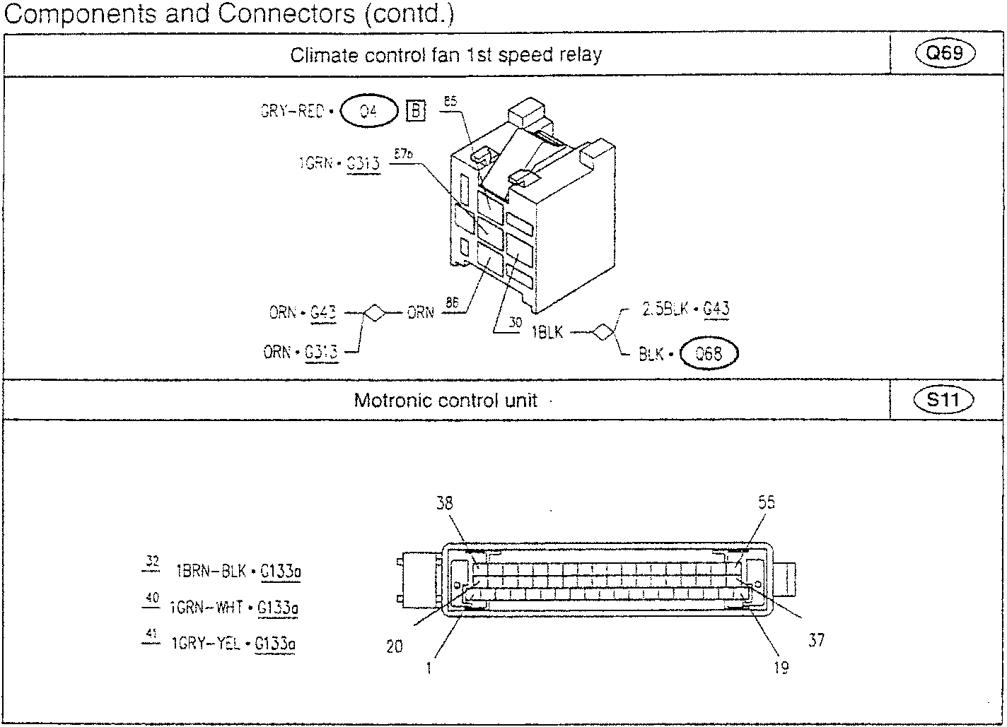 Climate control fan 1st speed relay diagram with wire connections labeled Q69, G43, etc.