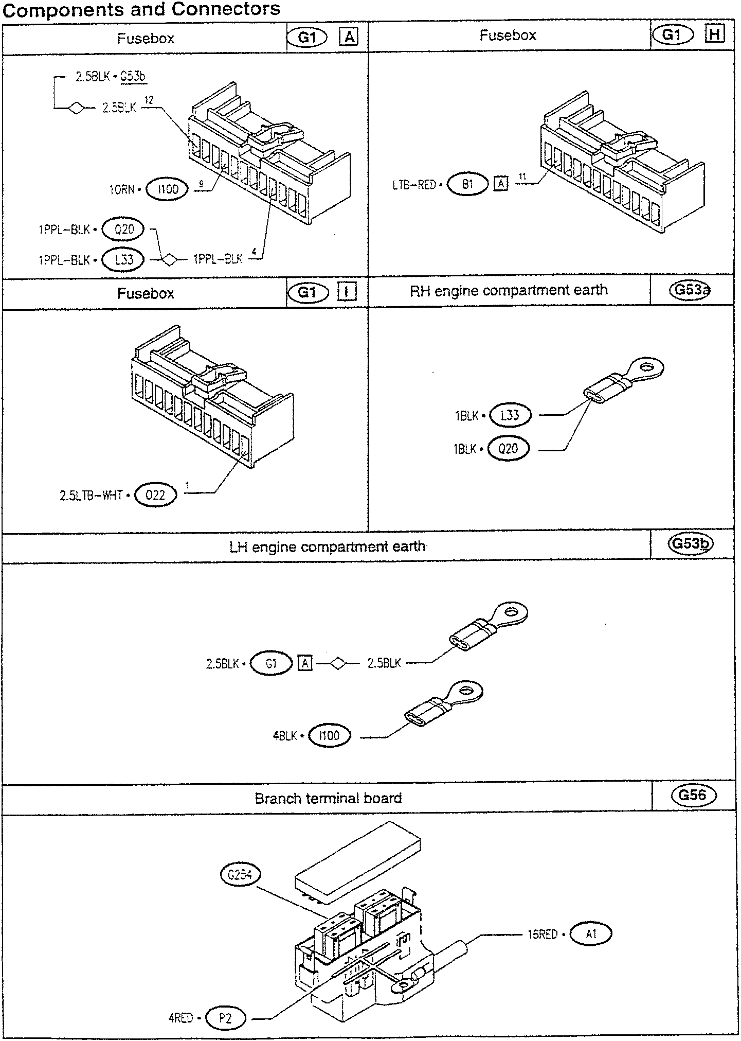 Fusebox diagram with wire connections labeled: 2.5BLK • G53b, 2.5BLK 12, 10RN • I100 9, 1PPL-BLK • Q20, 1PPL-BLK • L33, 1PPL-BLK 4