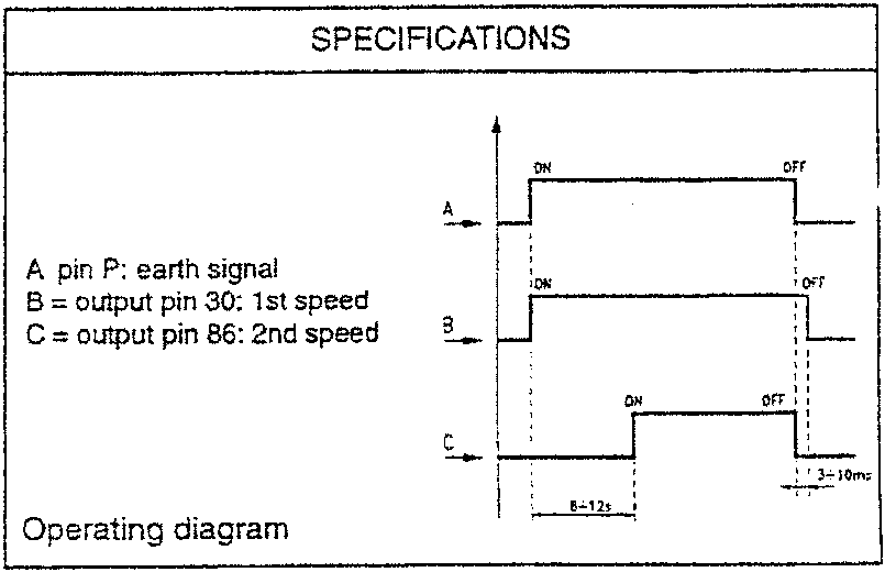 Engine fan delaying device operating diagram: A pin P earth signal, B output pin 30 1st speed, C output pin 86 2nd speed
