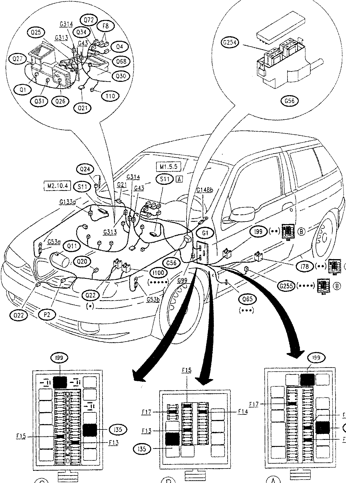 Diagram showing location of components on a car, with callouts for various parts like Q1, Q25, G314, F8, etc., and close-ups of fuse boxes labeled G254 and G56. Arrows point from the car diagram to detailed views of fuse boxes A, B, and C, which show individual fuses labeled F13, F14, F15, F17, I99, I78, G255, etc., with color-coded bases indicated by symbols (•, ••, •••, ••••) for grey, yellow, red, green, and black bases respectively.