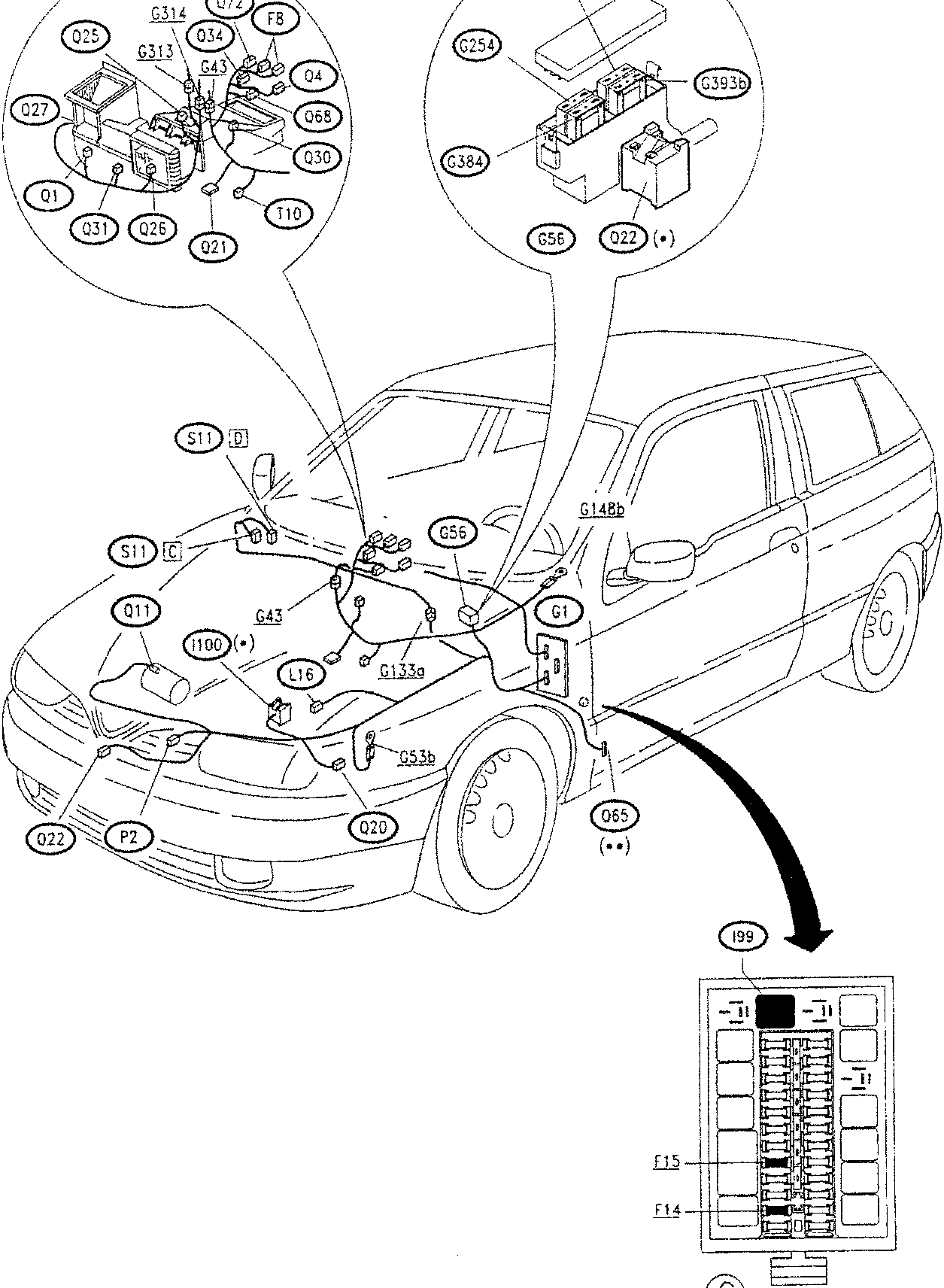 Diagram showing components around the engine bay and under the hood of a car, with callouts for various parts like Q1, Q25, G314, etc.