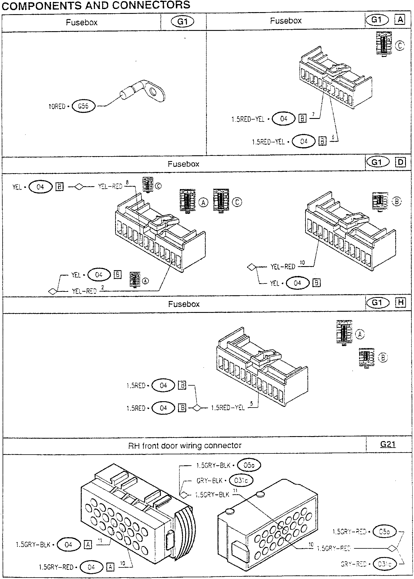 Fusebox and wiring connector pinout diagrams for vehicle electrical system