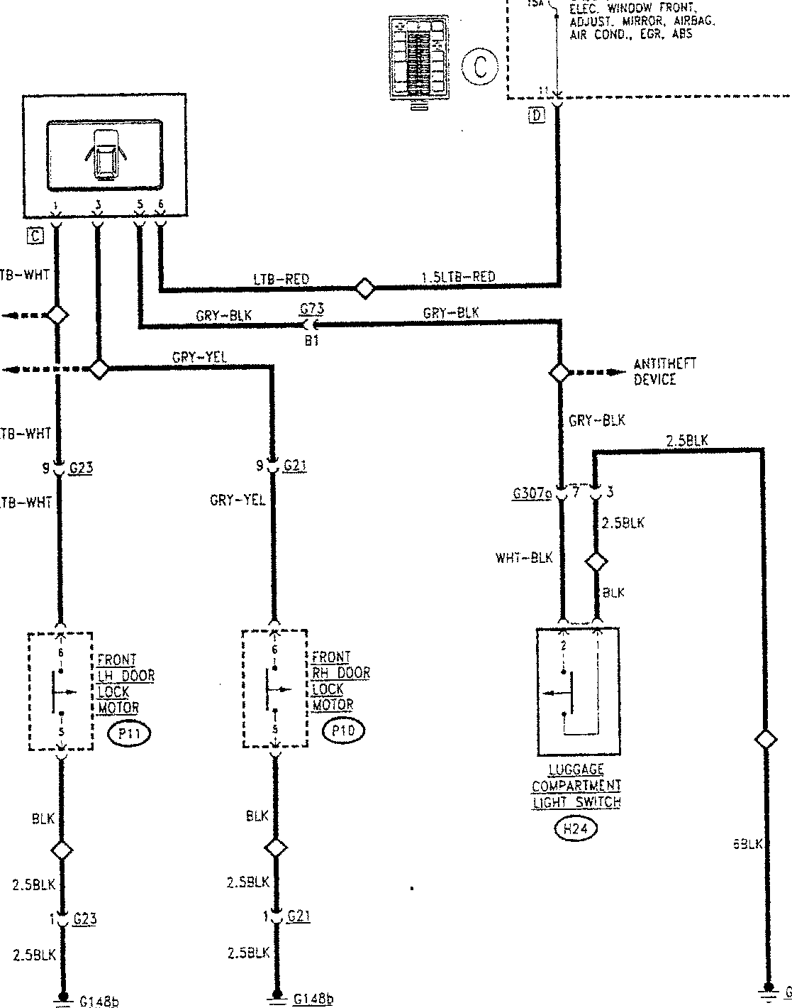 Antitheft device connections, front LH door lock motor, front RH door lock motor, luggage compartment light switch.