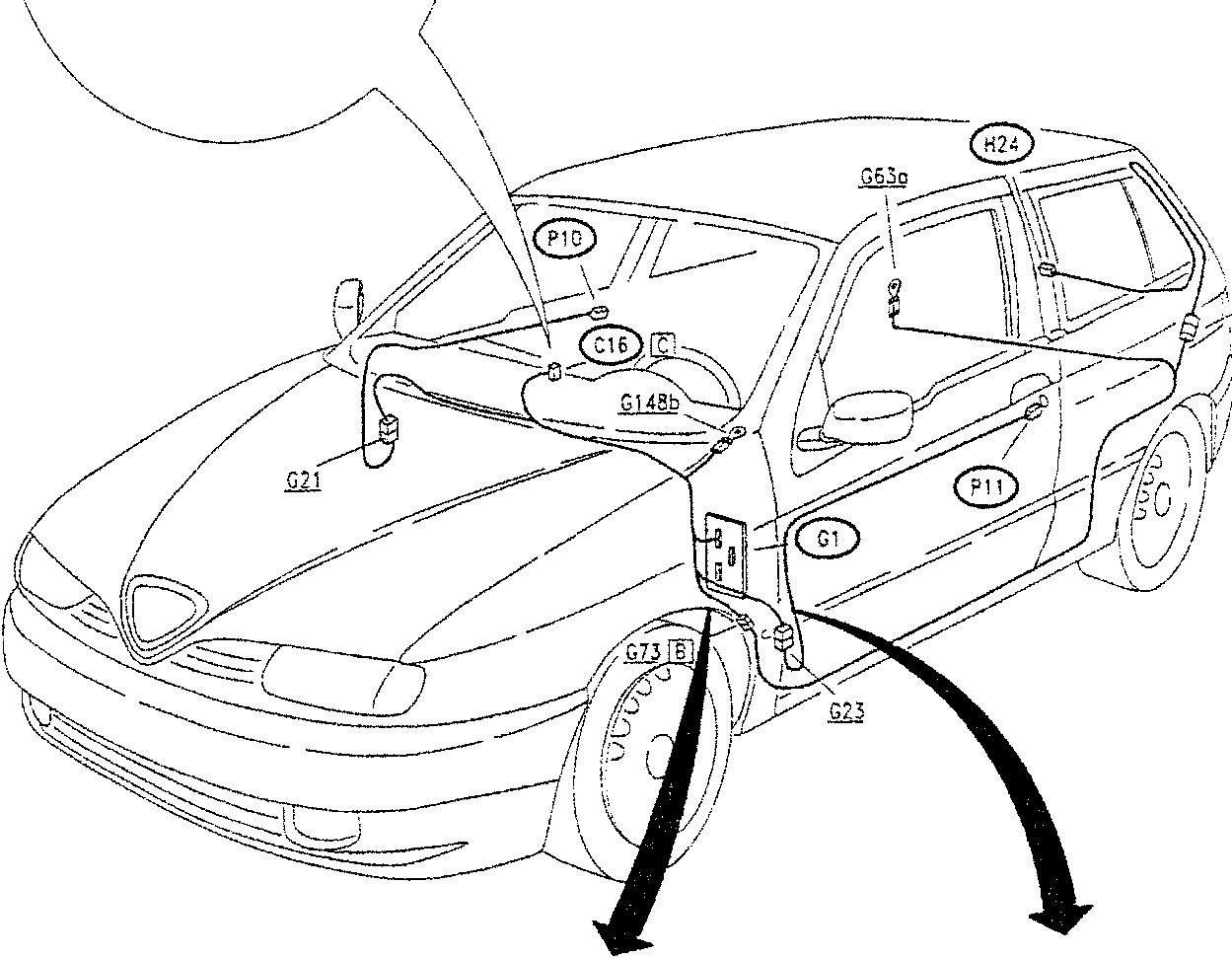 Line drawing of a car with various components labeled, including G21, P10, C16, G148b, G73, G23, H24, G63g, and G307a. Two black arrows point from the front wheel area to two separate diagrams below.