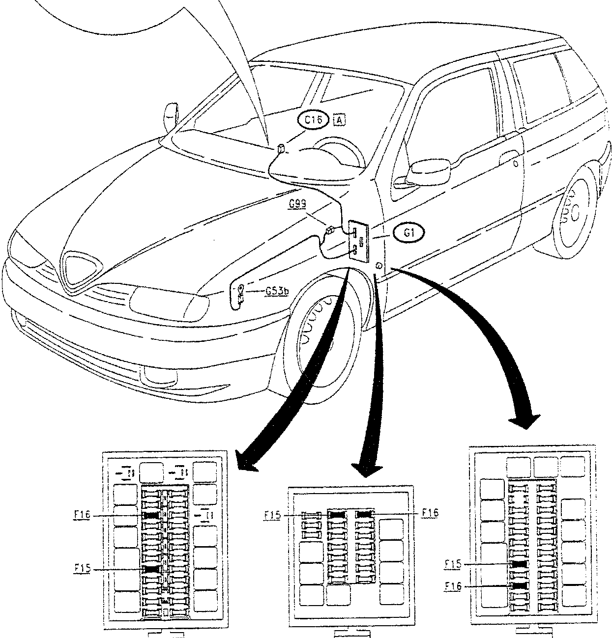 Diagram showing a car with callouts to fuse boxes.