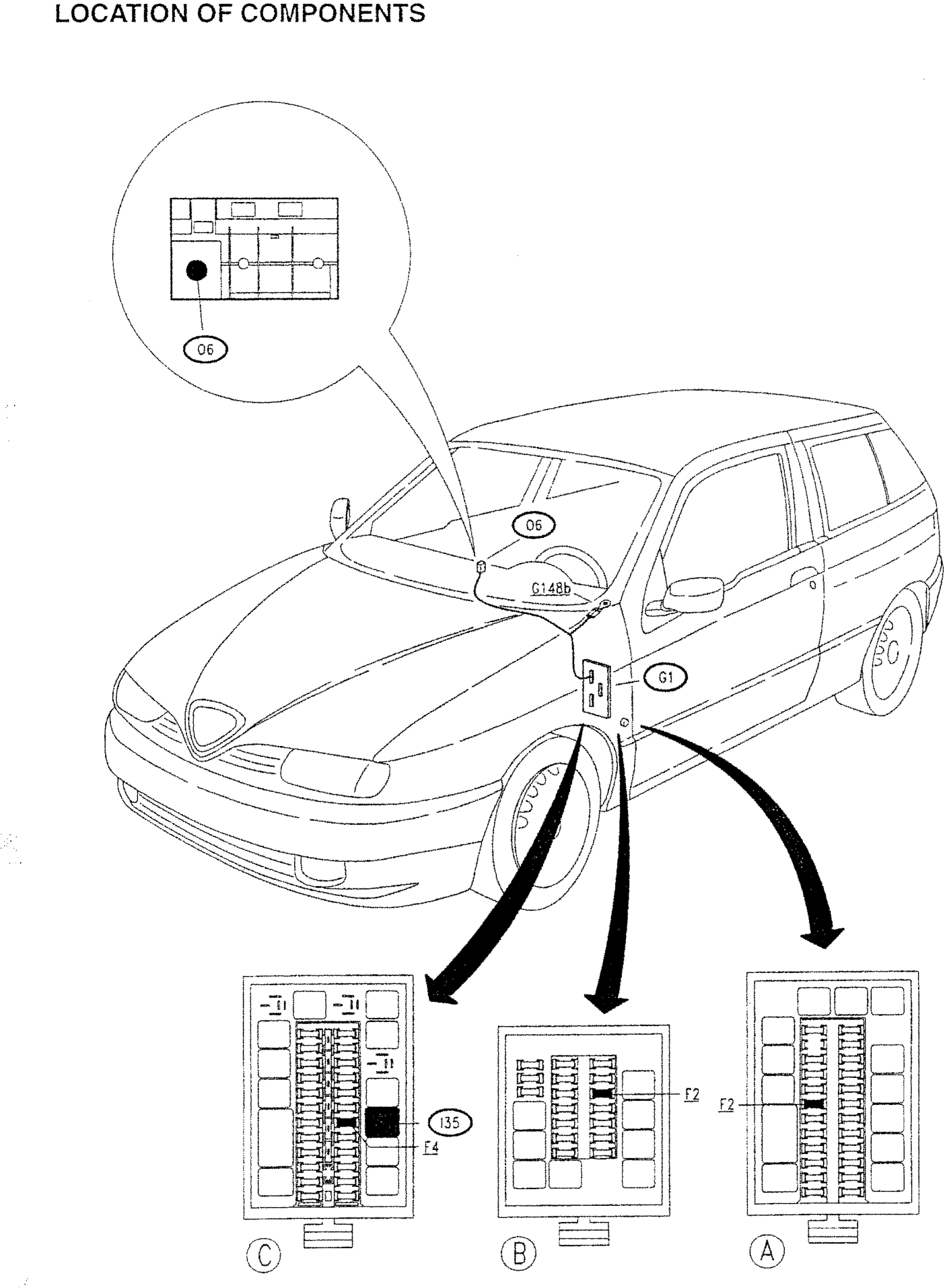 Location of the cigar lighter socket and fuse in fuseboxes A, B and C